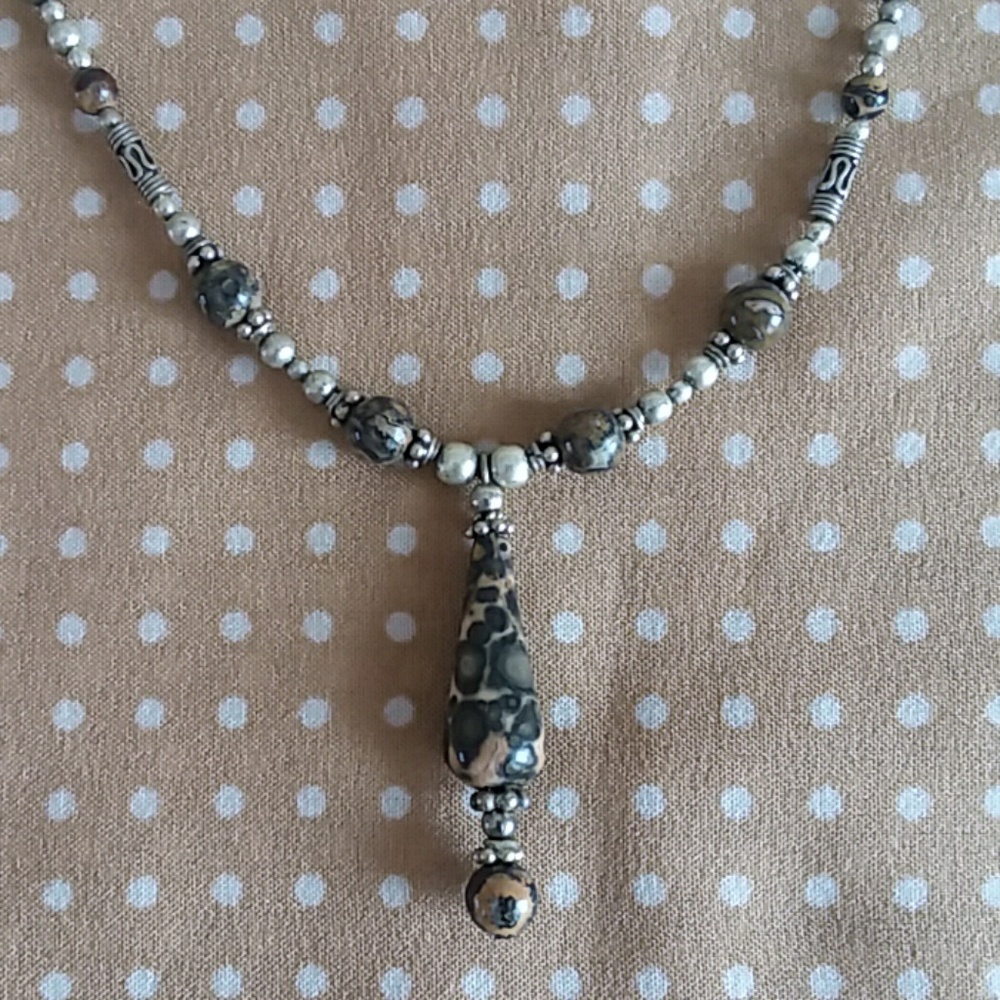 Hand beaded natural stone teardrop necklace
